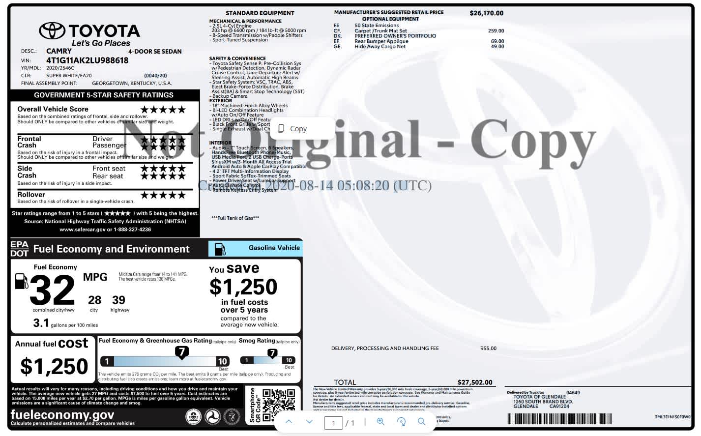 2020 Toyota Camry SE