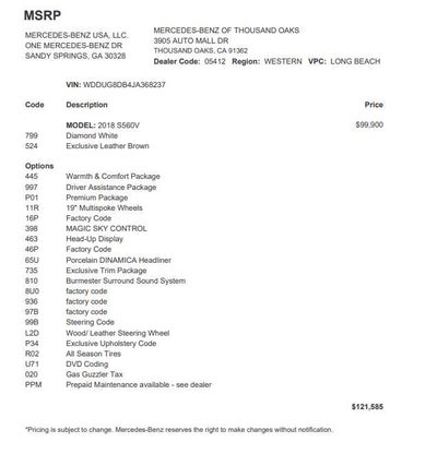 2018 Mercedes-Benz S 560 S 560